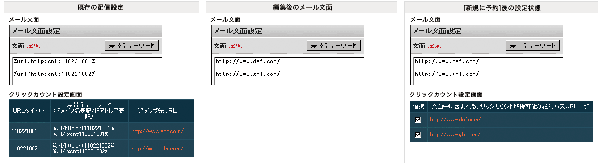 クリックカウント設定済み配信予約の新規予約および予約変更の挙動について