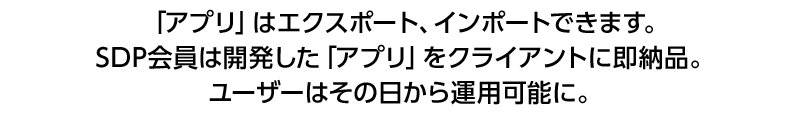 「アプリ」はエクスポート、インポートできます。会員は開発した「アプリ」をクライアントに即納品。ユーザーはその日から運用可能に。